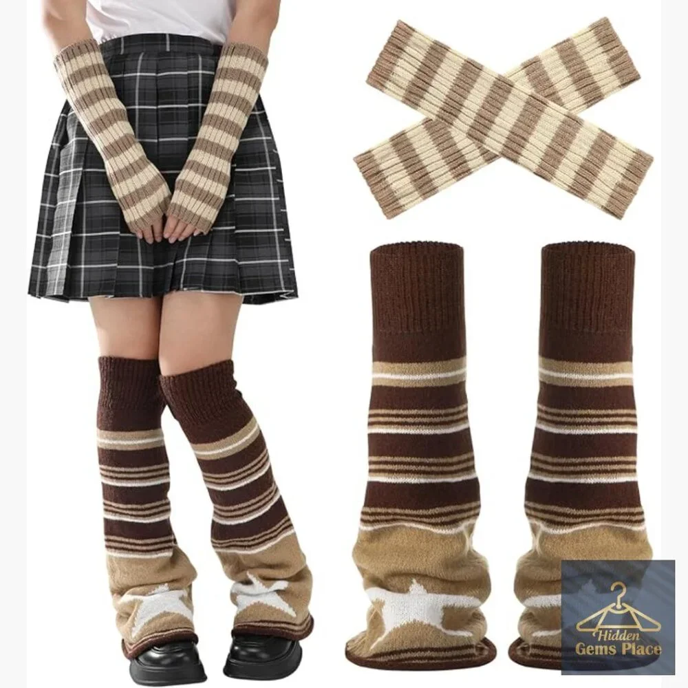 Knit Leg and Arm Warmers Set, Stretchy Thermal Fingerless Sleeves, Y2K Style